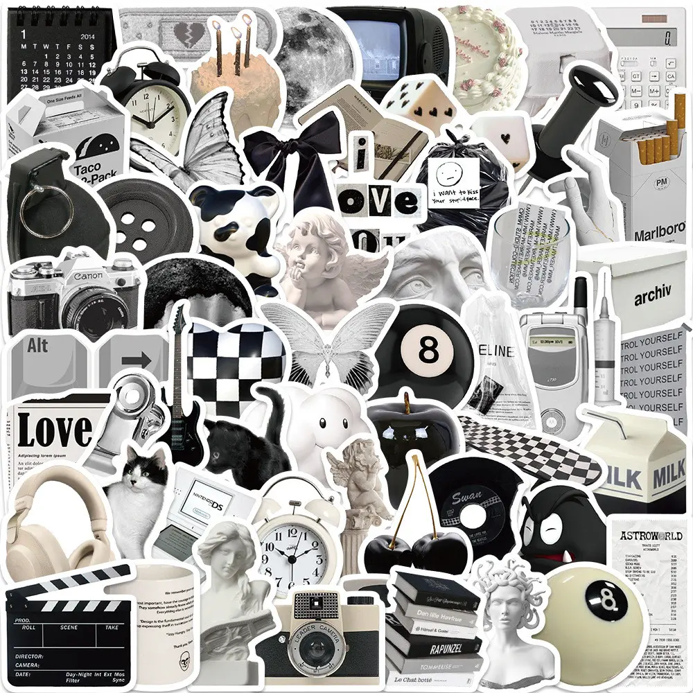 61Pcs Black White Minimalist Doodle Art Aesthetic Stickers - Decor for Luggage/Guitar/Notebook - Waterproof Sticker Packs reforgedglory Decorative Stickers
