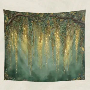 Fantasy Elven Willow Tapestry Enchanted Forest Wall Hanging Teal Green Gold Magical Bedroom Decor Fairy Lights Woodland Boho Aesthetic
