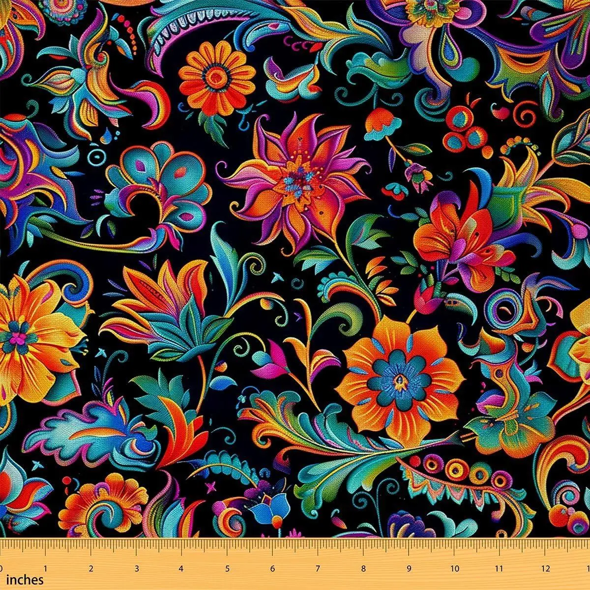 Bohemian Floral Flannel Fabric Soft,Oil Art Paisley Upholstery Fabric Chairs Sofa,Vintage Decorative Fabric,Orange Teal Black Decor Quilting Sewing,Not Stretchy