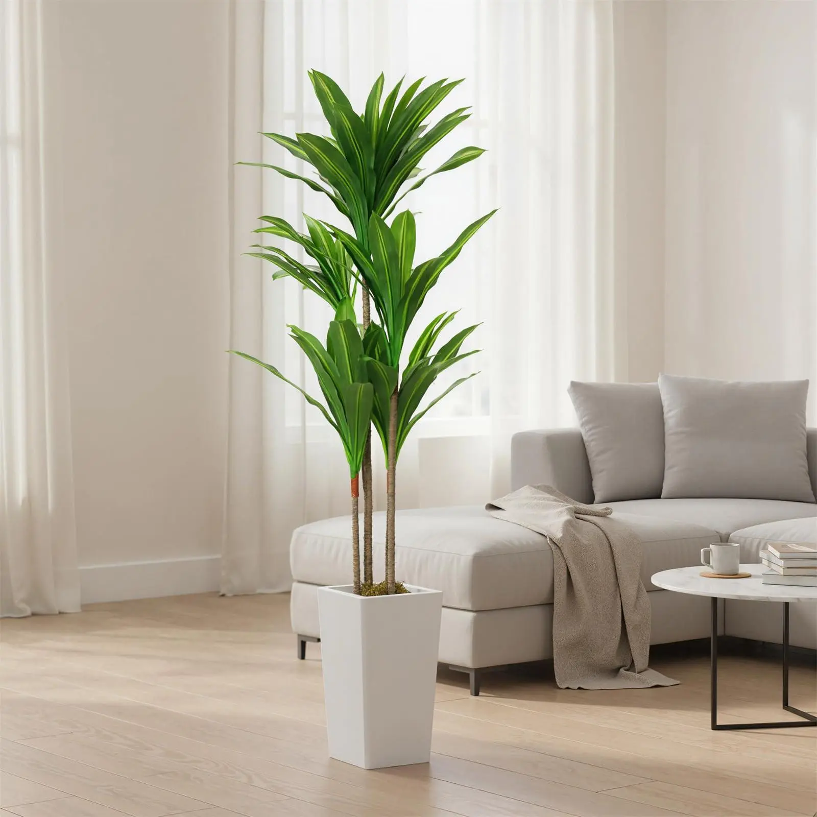 145cm Artificial Dracaena Plant Indoor, Artificial Trees with White Tall Planter, Fake Potted Dracaena Fragrans Tree for Home Living Room Office Indoor Outdoor