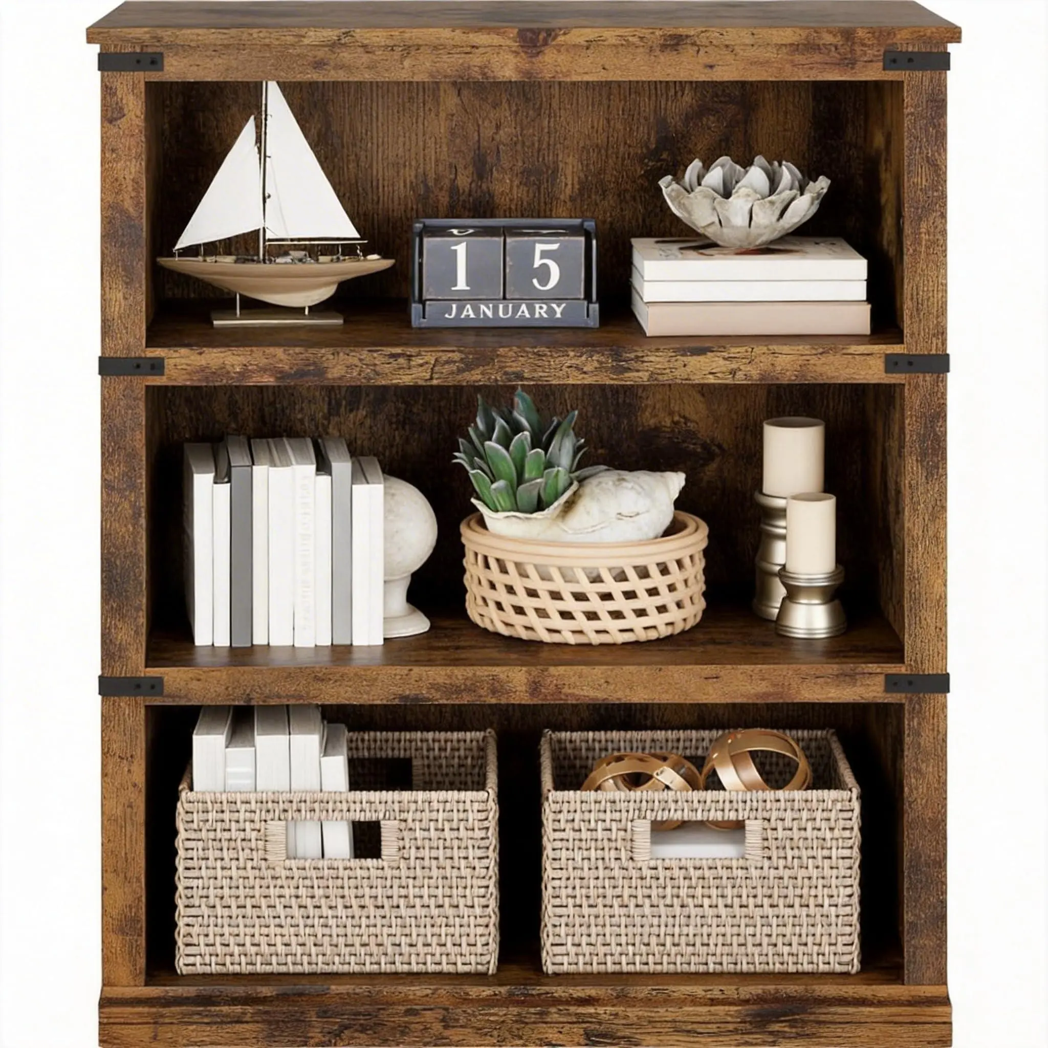 GARVEE 3 Tier Bookcase, Farmhouse Book Shelf with Storage, Low Book Case Wooden 3 Shelf Bookcase for Home Office, Living Room, Bed Room,Retro