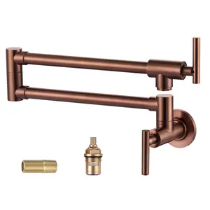WOWOW Rose Gold Wall Mount Stove Faucet, Brass Pot Filler Folding Faucet Over Stove, Kitchen Pot Faucet with Double Joint Swing Arms