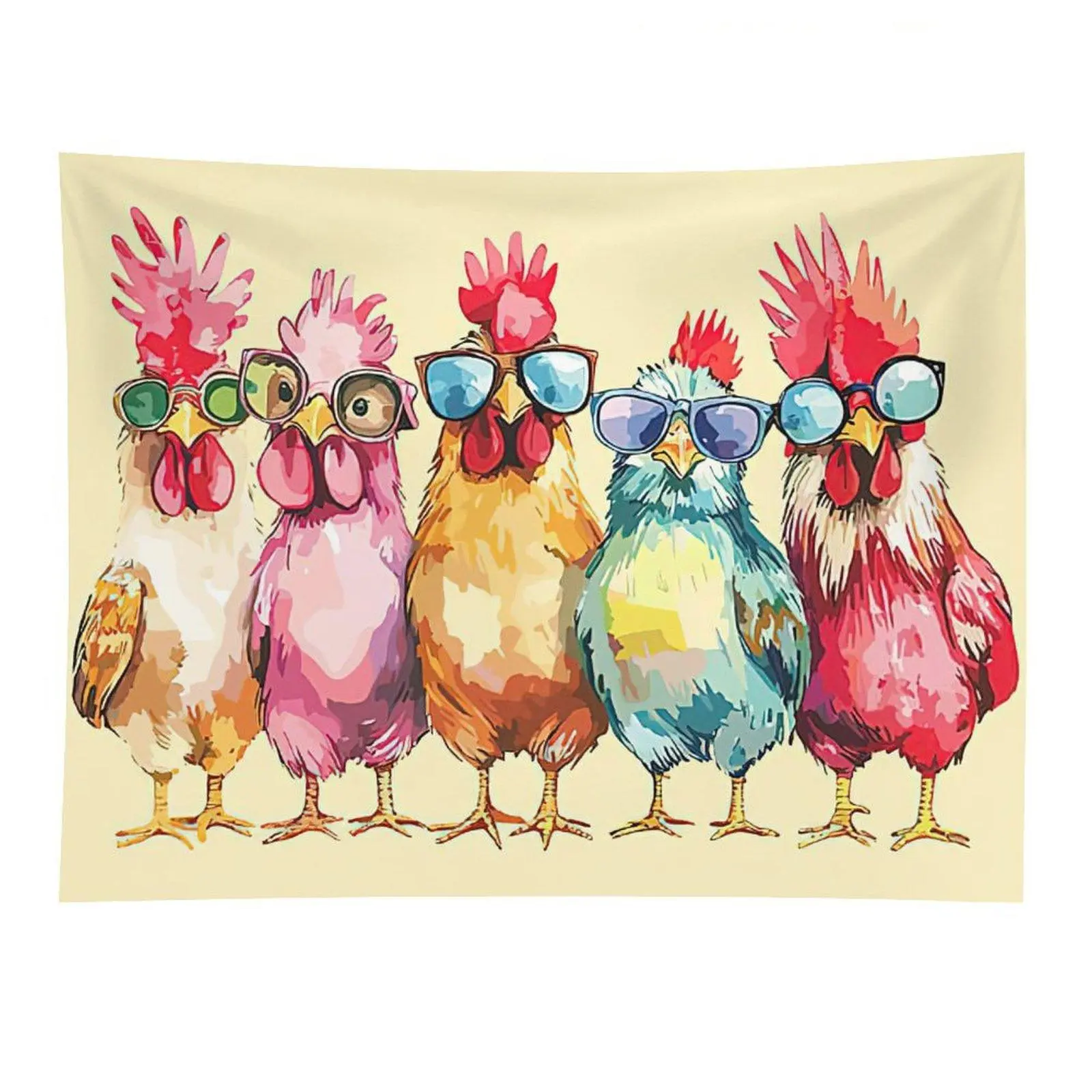 Funny Chickens Sunglasses Tapestry Colorful Farm Animal Wall Hanging Decor
