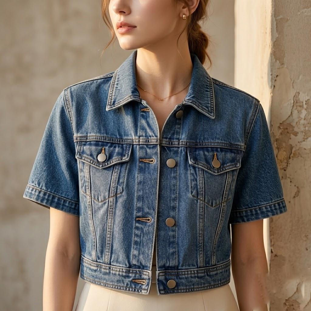 Y2K Cropped Short Sleeve Denim Jacket for Women Vintage Jean Coat Button Down Casual Streetwear Womenswear Tops
