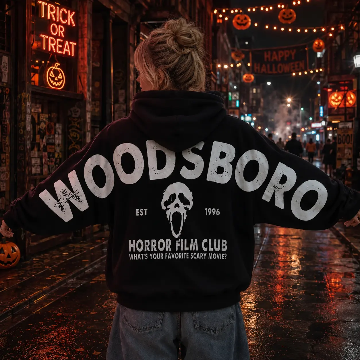 Woodsboro Horror Film Club Hoodie, Ghostface Scream Graphic Hoodie, Scary Movie Halloween Oversized Pullover, Vintage Horror Streetwear Birthday Mask Outfits Print Sleeves Sweatshirts