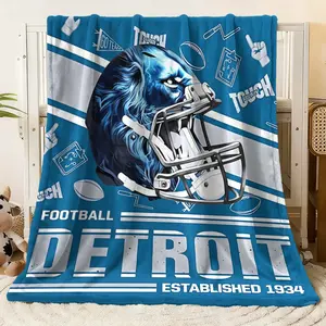 Detroit Football Flannel Blanket, Vintage Helmet with Lion Mane Print, Soft Cozy Throw for Sports Fans, Blue White Retro Sports Icons Pattern, Established 1934 Decor Blanket for Bed Couch Sofa
