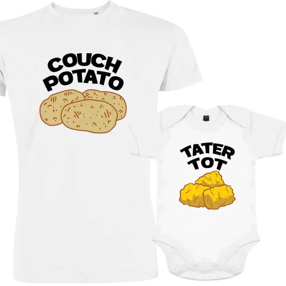 Dad & Baby Matching Organic Cotton Family Clothing Set - Short-Sleeve Onesie Clothes for Couch Potato & Tater Tot Themed Parent-Child Outfits, Casual