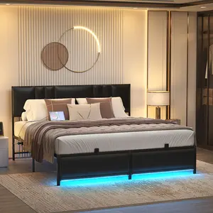 iSunirm Height Adjustable Headboard, Twin/Full/Queen/King Size Bed Frame with LED Lights, Charging Station, Strong Metal Slats Support, tall headboard-【Frame Only No Mattress】