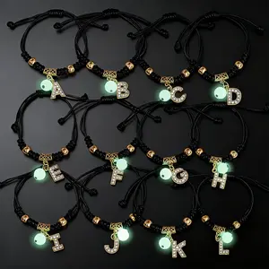 Retro Glow-In-The-Dark Initial Charm Bracelet - Metal Alloy, 26 English Alphabet Single Letter Options, Unisex, Party Wear Costume Jewelry for Students