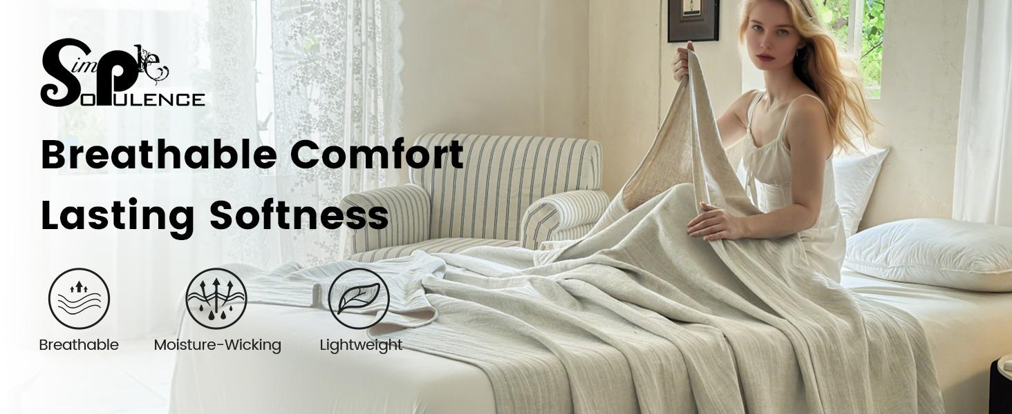 Simple&Opulence Linen Cotton Throw Blanket with Double Layered Folded Edge for Couch/Bed/Sofa/Gift, Natural Flax Solid Color Soft Breathable Cozy Farmhouse Home Décor