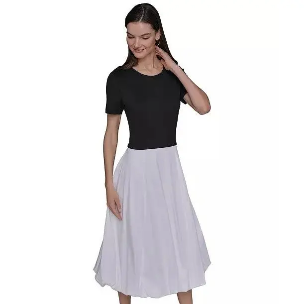 Karl Lagerfeld Paris Women's Form-Fitting Bubble Hem Midi Dress - NWT, Solid Cotton-Polyester Blend, Short Sleeve, Crew Neck, Chic Cocktail Party Dress, Luxurious, Elevate Your Wardrobe