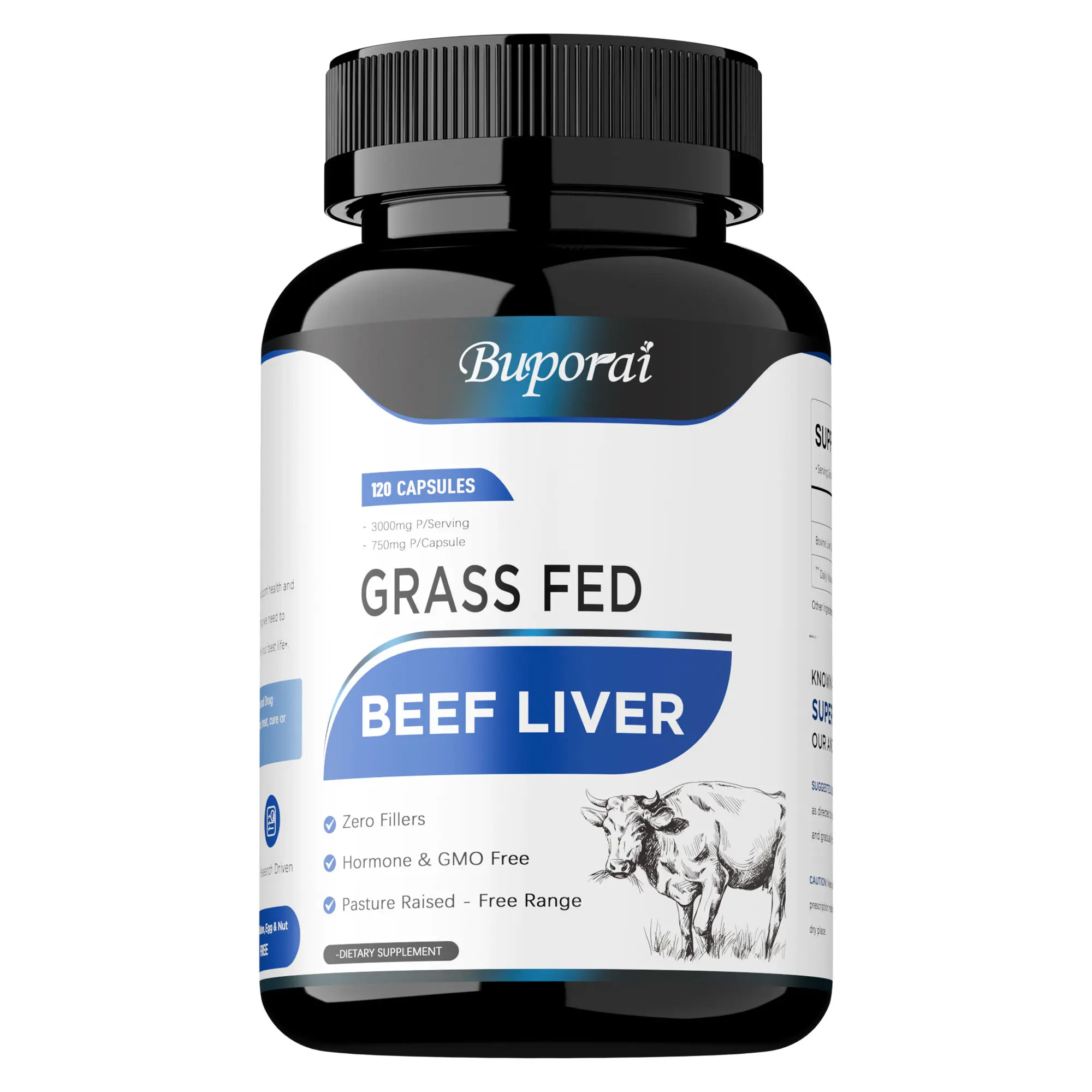 Buporai Grass-Fed Beef Liver Capsules - Supports Liver and Nerve Health - Highly Effective Iron Supplement - 120 Capsules/Multi-Bottle Pack