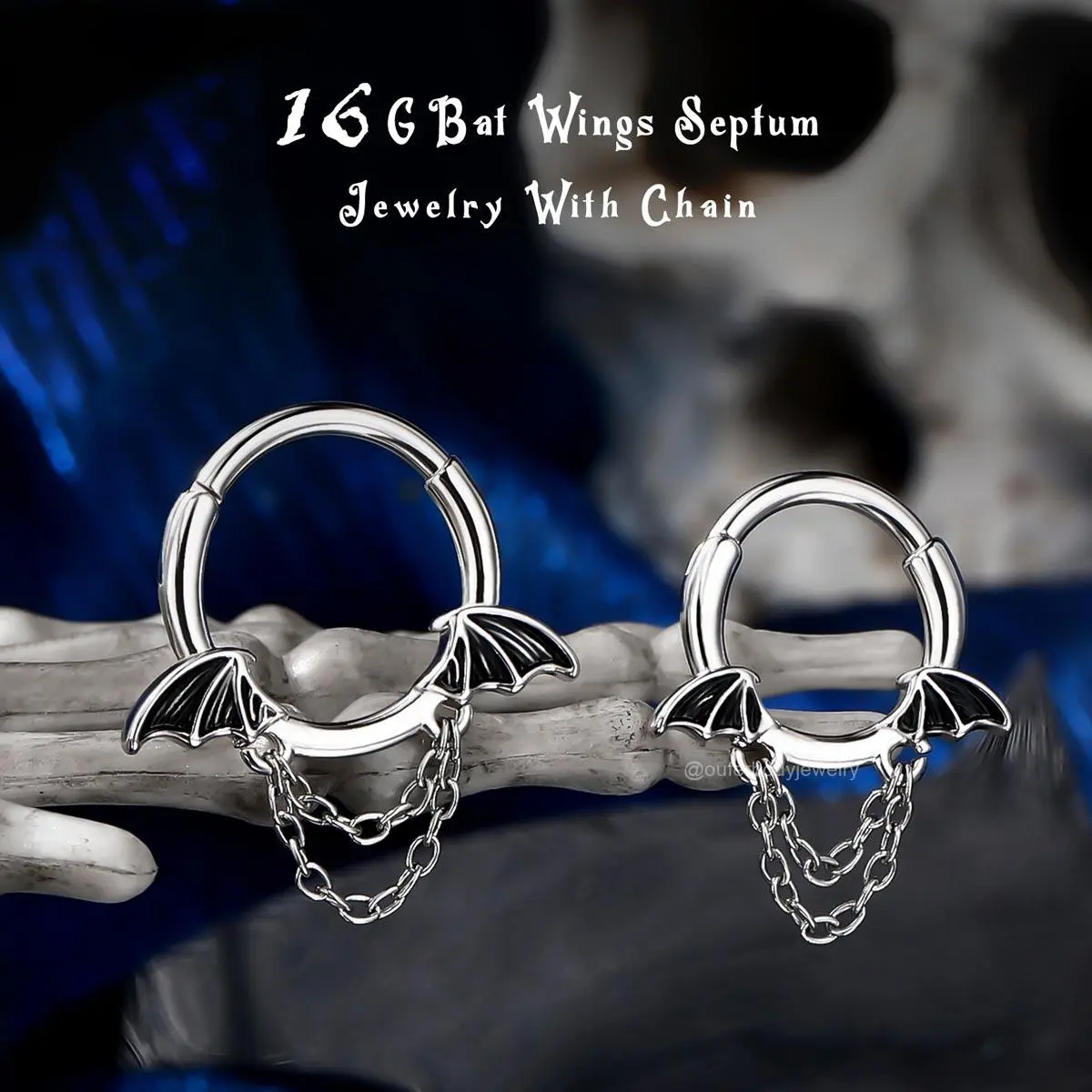 Oufer 16G Unisex Gothic Bat Wing Septum Hoop Daith Ring with Chains - 316L Surgical Steel Body Jewelry, Gothic Aesthetics, Durability and Safety, Halloween