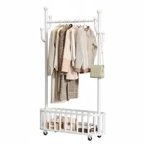 Garvee Portable Metal Clothes Rack with Wheels and Storage Basket - Sturdy Clothes Rack with Shelf and 4 Hooks - Ideal for Bedroom, Laundry Room and Living Room