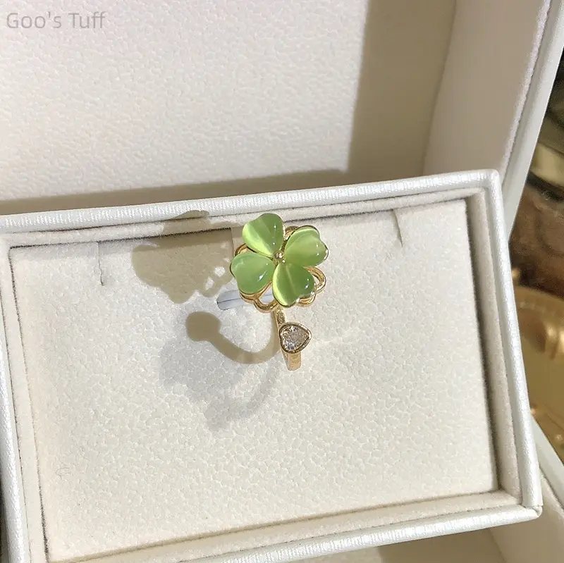 Women finger jewelry rotatable green four leaf flower gold open ring one size fits all individually packaged fresh trendy western design for teen casual gift