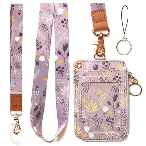 Wallet Lanyard for id Badges,lanyards for id Badges for Women, Fashion Badge Holder with Zipper（Purple Gray）