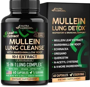 Mullein Lung Detox - Mullein Leaf 10:1 Extract - Marshmallow Root | Echinacea | Oregano | Quercetin | NAC - 15-in-1 Lung Support & Cleanse for Smokers Supplement - Made in USA - As Drops - 60 Capsules