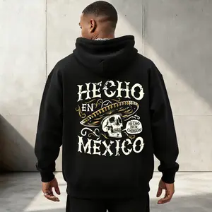 Men's Classic Cotton Long-Sleeve Pullover Skull Skeleton Hoodie Sweatshirt - Hecho En Mexico, Warm Soft Fabric, Mexican Culture Design, Autumn Winter Daily Casual Menswear Top