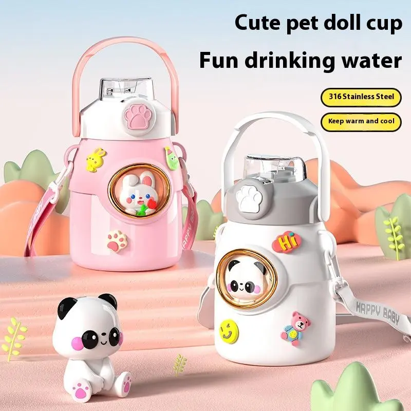 Cartoon Pattern Insulated Children's Vacuum Flask - Large Capacity Portable Wide Mouth Tumbler with Straw, Lanyard Loop, Lid - Home/School Use Reusable Drinkware Kids' Gift