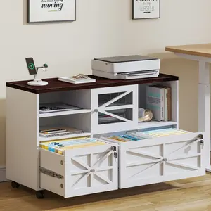 2 Drawer Farmhouse File Cabinet with Lock, Mobile Lateral Filing Cabinet for Letter/Legal/A4 Size, Open Storage Adjustable Shelf for Home Office Cabinets