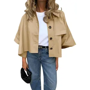 Imily Bela Womens Oversized Cropped Trench Coats Single Breasted 3/4 Cape Sleeve Trendy Casual Jackets Button up Outerwear