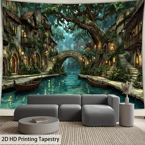 Vintage Town Tapestry Bridge River Backdrop Classic City Theme Wall Hanging Photography Background Aesthetic Decor for Living Room Bedroom Indoor Outdoor Home Decoration