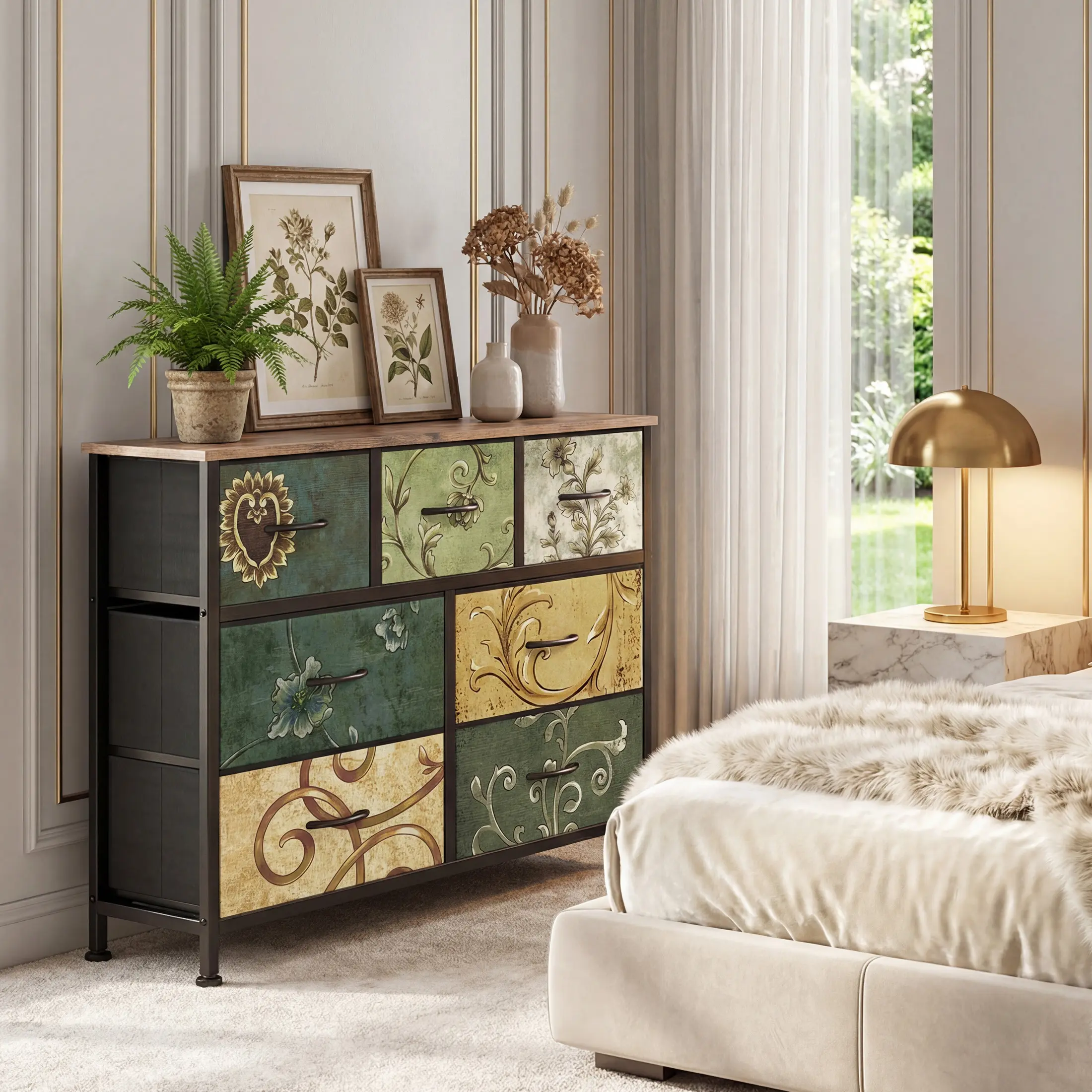 Easy 7-Drawer Dresser for Bedroom, Anti-Tip Wide organizer unit  storage tower towerof Drawers TV Stand for 45" TV with Wooden Top and Metal Frame for Closet, Living Room, Hallway, Entryway, Floral Painted pull fabric binE