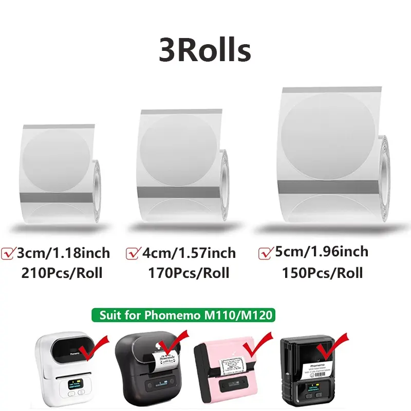 Transparent Round Labels 3 Rolls, Labels for Printers, 30x30mm 40x40mm 50x50mm Thermal Sticker Paper, Compatible with M110/m200/m220/m221/m120 Printers