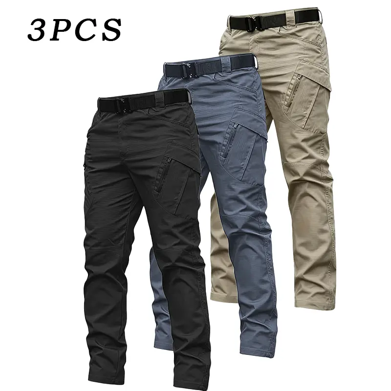 3-Pack Men’s Casual Work & Tactical Hiking Pants, featuring multifunctional pockets and a straight-leg design—perfect for spring and summer wear. Belt not included.