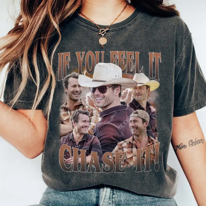 Women's "If You Feel It, Chase It" Short-Sleeve T-Shirt - GlenPowell Vintage Style, Twisters Movie Tee, Casual Fashionable Top, Streetwear Women's Clothes for Summer