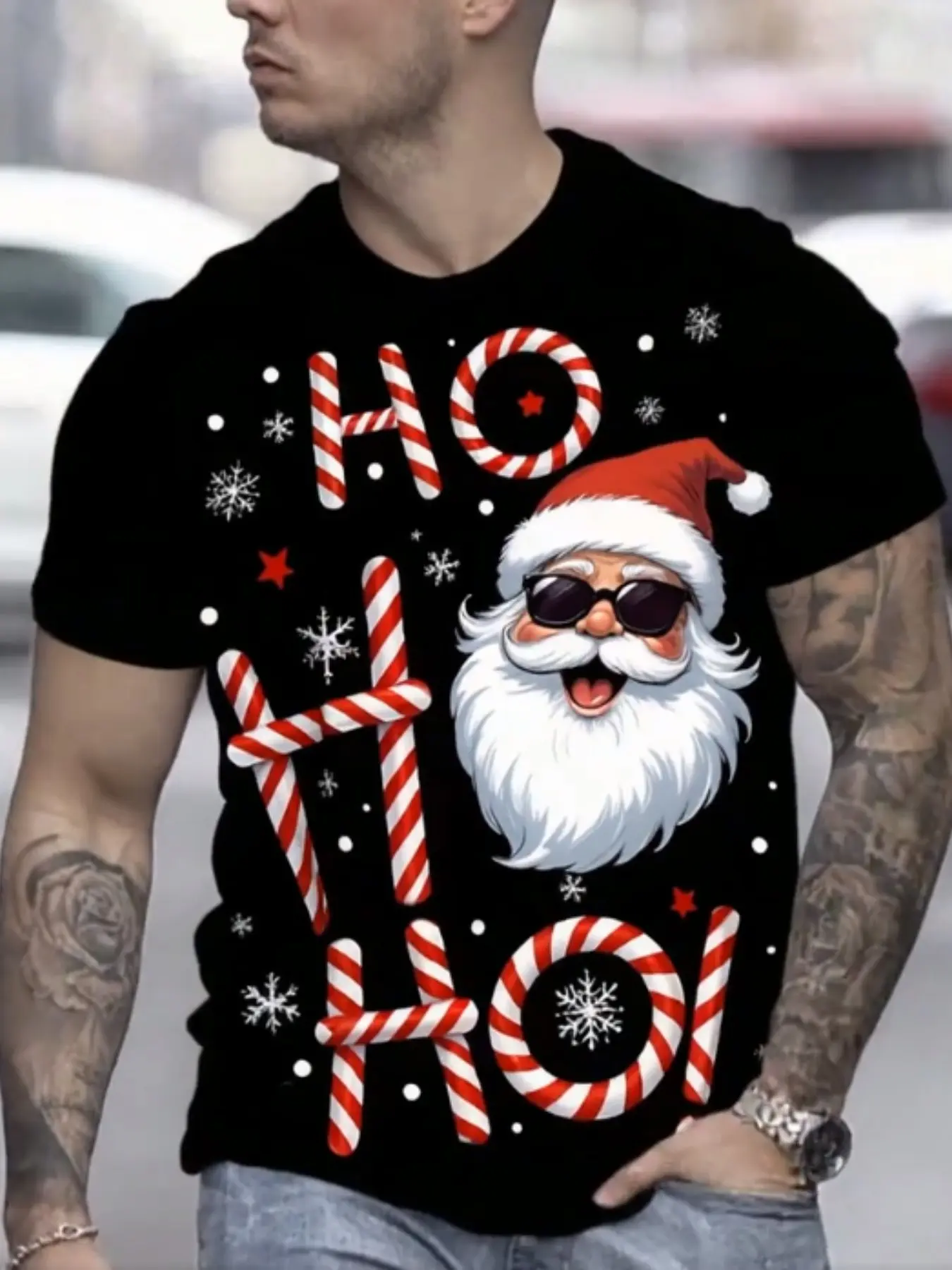 Men's Summer Casual 3D Santa Claus T-Shirt, Lightweight Polyester, Round Neck, Short Sleeve, Christmas Print, Holiday Gift