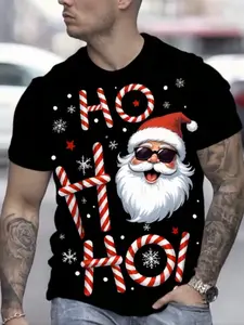 Men's Summer Casual 3D Santa Claus T-Shirt, Lightweight Polyester, Round Neck, Short Sleeve, Christmas Print, Holiday Gift