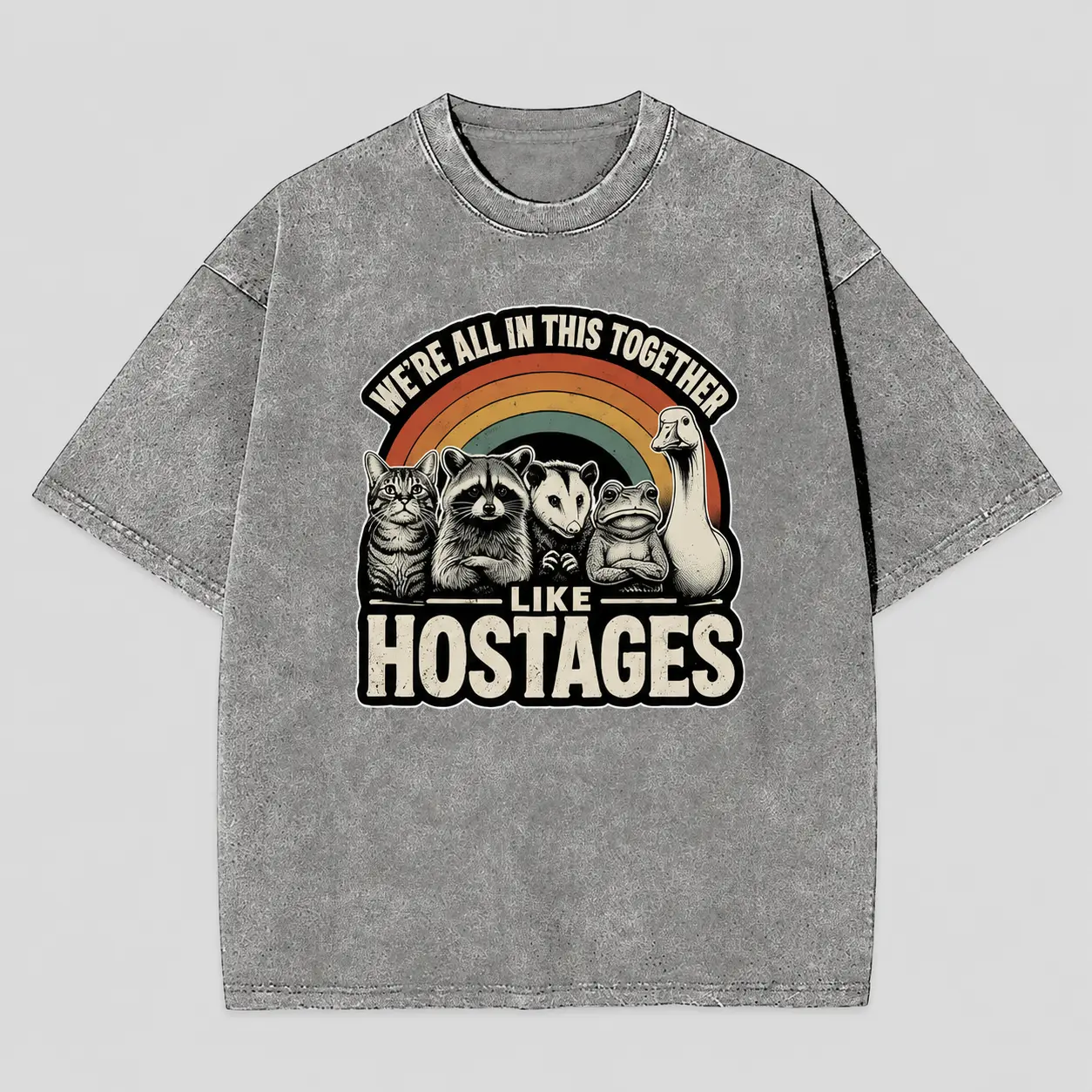 We're All In This Together Like Hostages" Funny Animal T-Shirt, Retro Graphic Tee