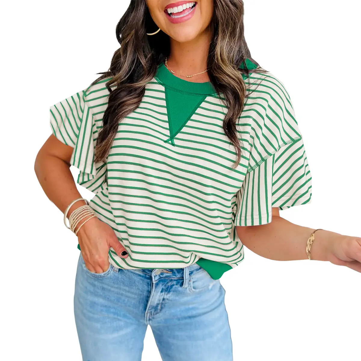 Mntaor Short Sleeve T-Shirts for Women Parchment Contrast Detail Striped Ruffle Top with Comfort and Style - Womenswear