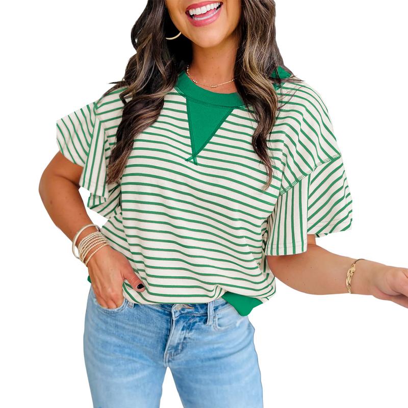 Mntaor Short Sleeve T-Shirts for Women Parchment Contrast Detail Striped Ruffle Top with Comfort and Style - Womenswear