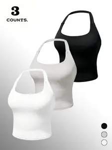 3-Pack Plain Color Women's Sporty Tank Tops, Comfortable Halter Neck, Ideal for Yoga, Fitness, Running, Outdoor Activities
