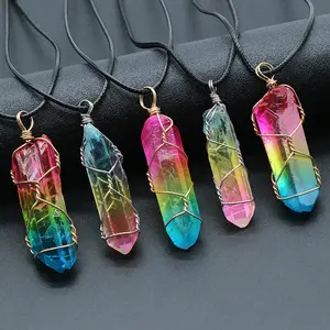 Crystal Pillar Tree Of Life Pendant Necklace, Colorful, Rainbow, Chakras, Hot Selling
