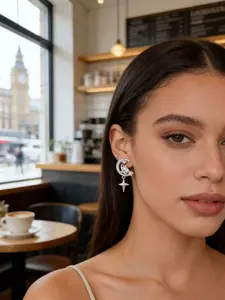 Sparkling Moon Star Dangle Earrings for Women, Cubic Zirconia Crescent Star Stud Earrings, Dainty Hypoallergenic Jewelry Gift for Her