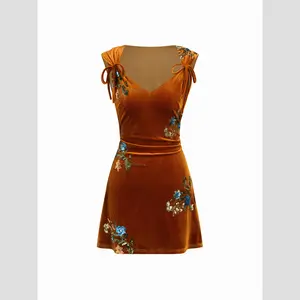 Cider Velvet V-Neck Floral Embroidery Ruched Mini Dress