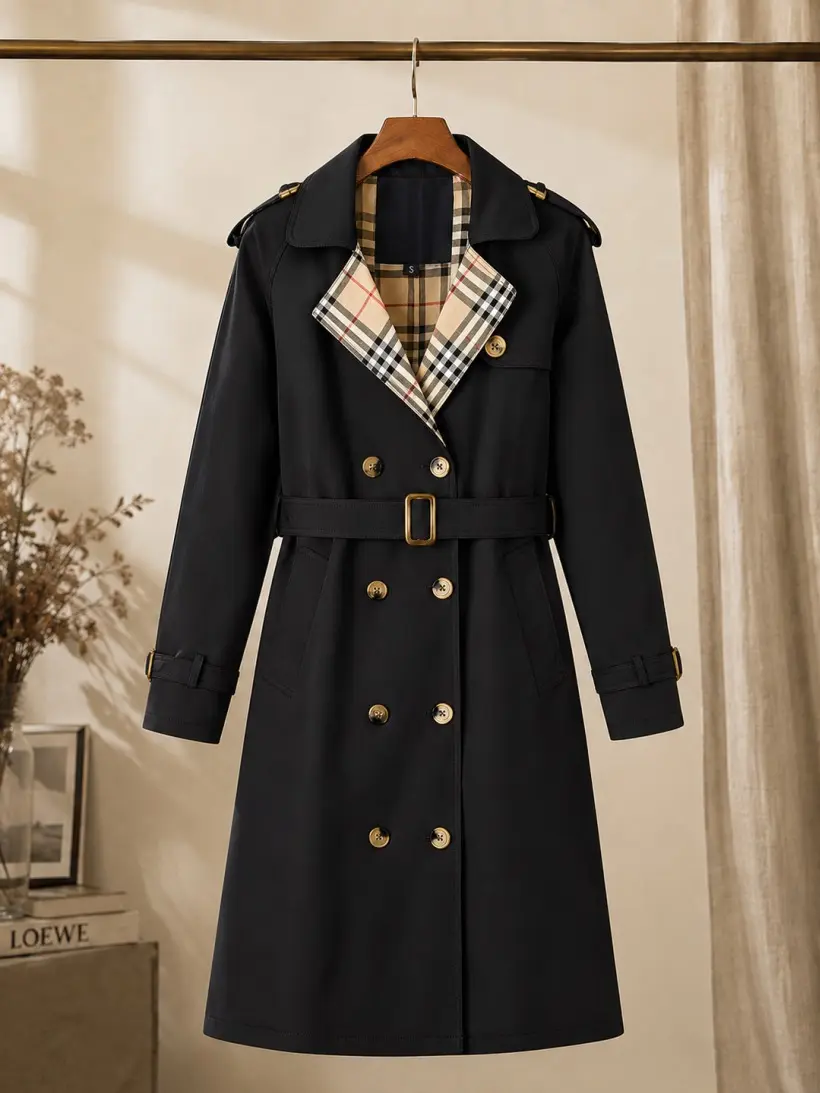 New autumn women’s long coat featuring a double-breasted design, khaki trench style with a turn-down collar and plaid lining, complete with an adjustable waist belt that cinches the figure—an essential piece for spring and autumn outfits.sohochic