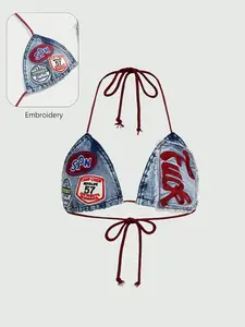 Women's Y2K Vintage Slogan Logo Embroidered Tie-Up Adjustable Cropped Sexy Denim Top, Summer Hot Girl Style, Cool and Refreshing, Perfect for Warm Weather Fashion