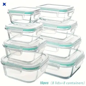 16Pcs Glass Food Storage Containers Set | 8 Containers +8 Airtight Lids, Oven & Microwave Safe Lunch Box for Fruit Salad Sandwich Meal Prep