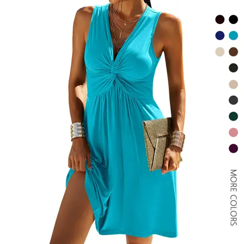 Danedvi Women's Stretchy Sleeveless V-Neck Twist Front Knit Tank Dress - Chic Elegant A-Line Basic Fit, Above-Knee Solid Casual Summer Dress