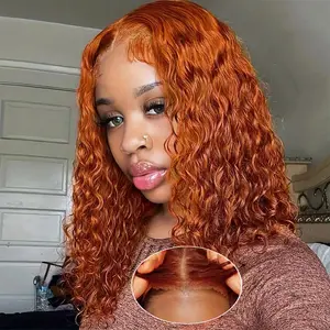 Curly BOB Wig Human Hair 180 Density 13x4 HD Lace Closure Curly Wave Wigs for Black Women Glueless Wear and Go Pre Plucked Deep Wave Wet and Wavy Glueless Wigs Human Hair Ginger 12 Inch