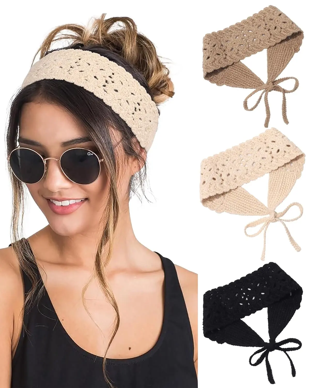 Hippie Hair Bandana Headbands for Women Boho Headband Knit Hair Bands Floral  Wrap for Women and Girls(Black+Beige+Coffee)