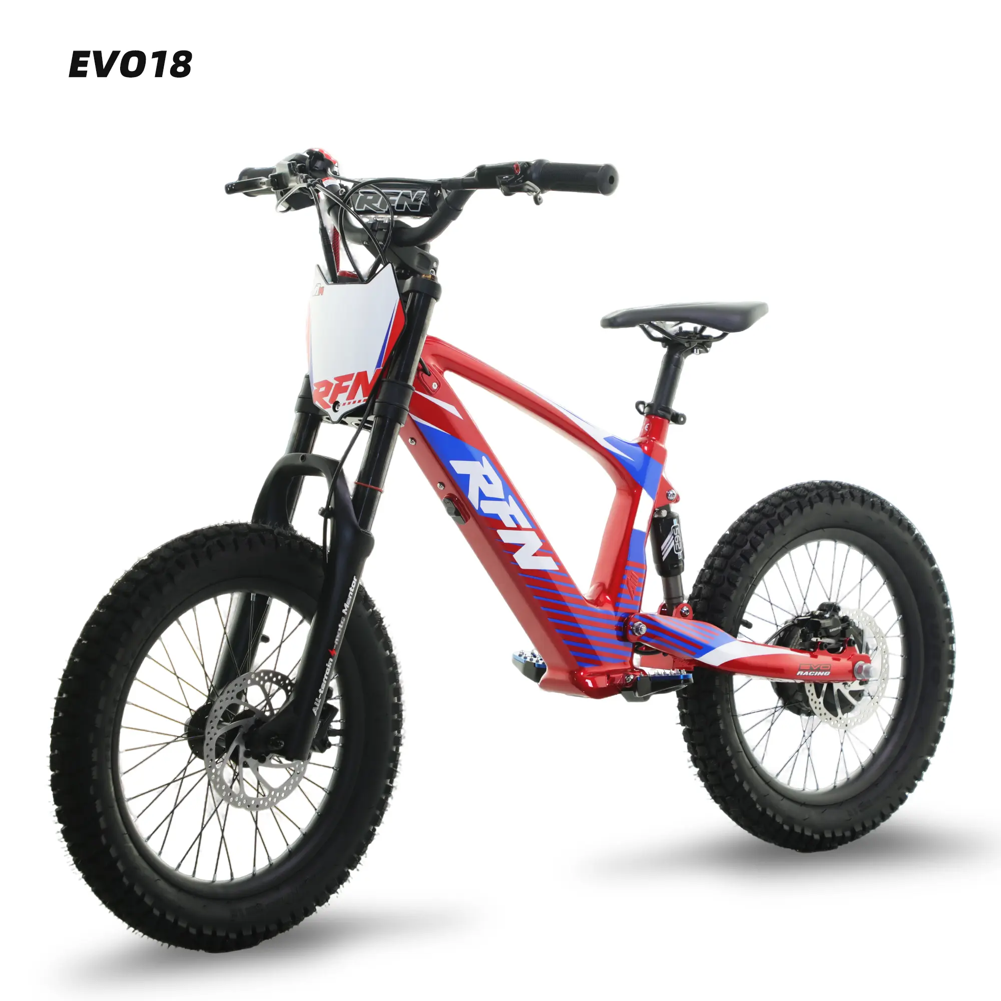 【RFN】EVO Racing 18 Kids Electric Bike for Ages 8-12, 3-Speed Jump Bike (9.3/13.7/18.6mph）– Lightweight Aluminum Frame EBike, 18.6 mph Max Speed, 9.32-Mile Range, 18" All-Terrain Tires, 36V 5AH Detachable Battery, Double Suspension & Hydraulic Dual Brake