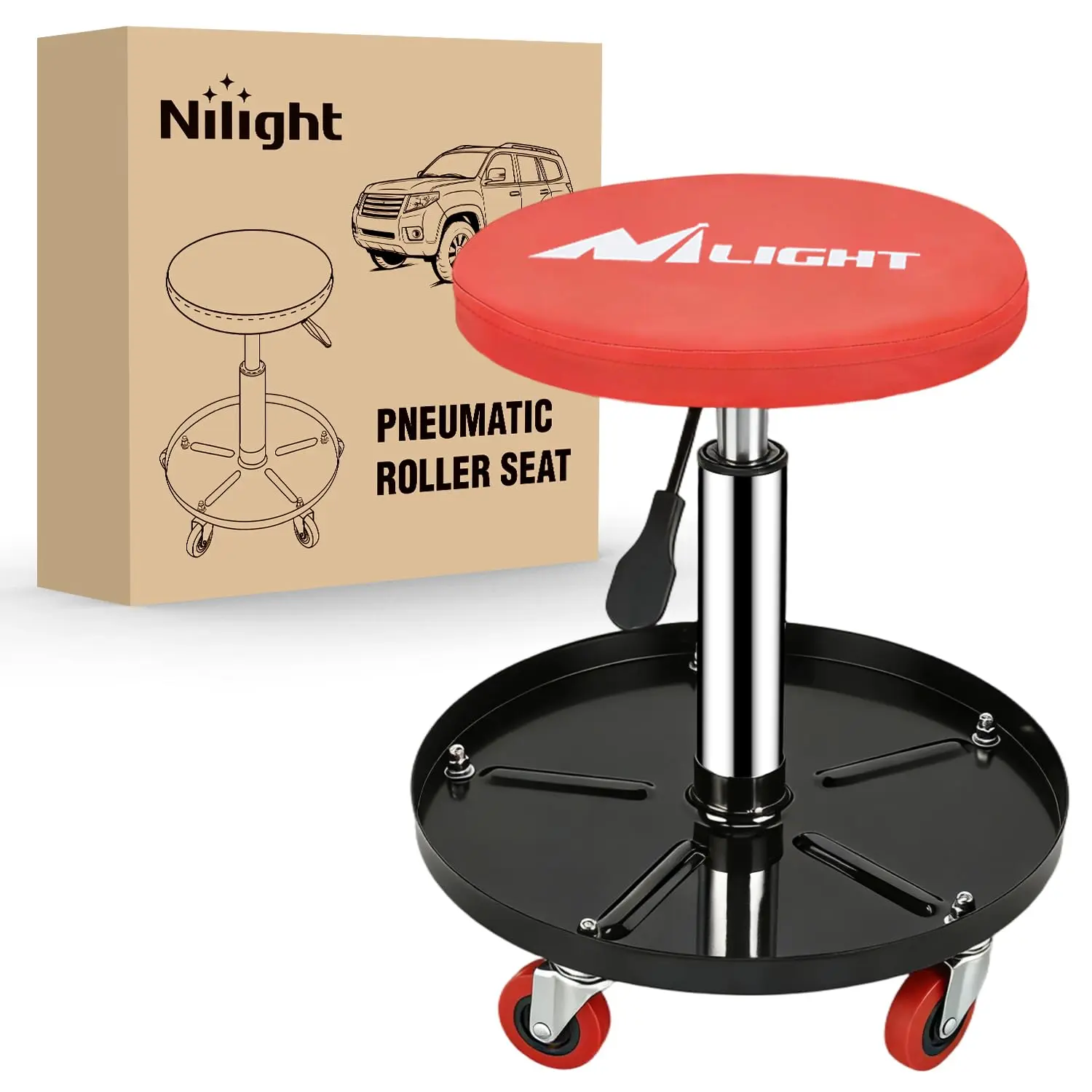 Nilight Rolling Mechanic Stool, Automotive Repair Tools, 330 LBS Capacity Pneumatic Adjustable, 360° Swivel Casters, Steel Tool Tray, Waterproof PU Seat for Garage, Auto Repair Shop (Father's Day Gift)