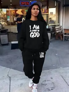 GOD Letter print Women's 2 Piece Set Women's Casual Loose-Fit Sportswear Set, Athleisure Wear Set, Streetwear Tracksuit Set, Workout Sets Women, Round Neck Long Sleeve Pullover & Slim Fit Pants, Fall Winter
