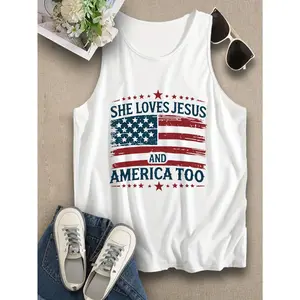 Vintage American Flag 'She Loves Jesus and America Too' Patriotic Graphic Tank Top for Women | Stylish 4th of July Casual Wear | Trendy USA Pride Sleeveless Shirt | Perfect for Independence Day Celebrations | Women'S Tank Top