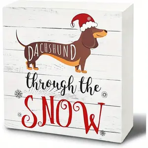 Dachshund Christmas Decorations, Dachshund Through the Snow Christmas Wooden Box Signs, Dachshund Gifts for Dachshund Lovers, Christmas Wood Signs for Home Office Desk Shelf Table Decor, 5x5 Inch